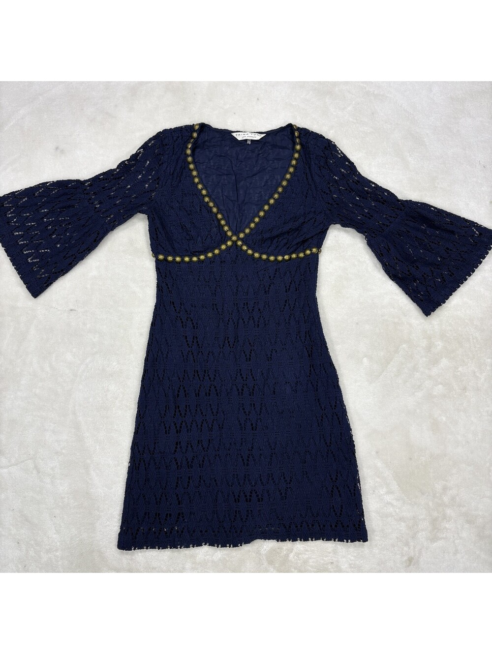 Trina Turk Dress Womens 4 Navy Blue Crochet Bell Sleeve Beaded Cotton Boho